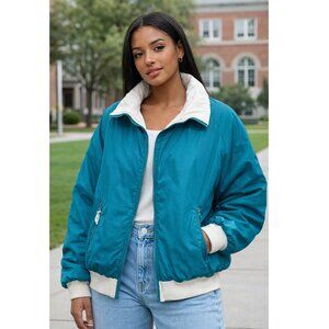 Vintage 90s Y2K Women's Medium Teal and White Reversible Puffer Bomber Jacket
